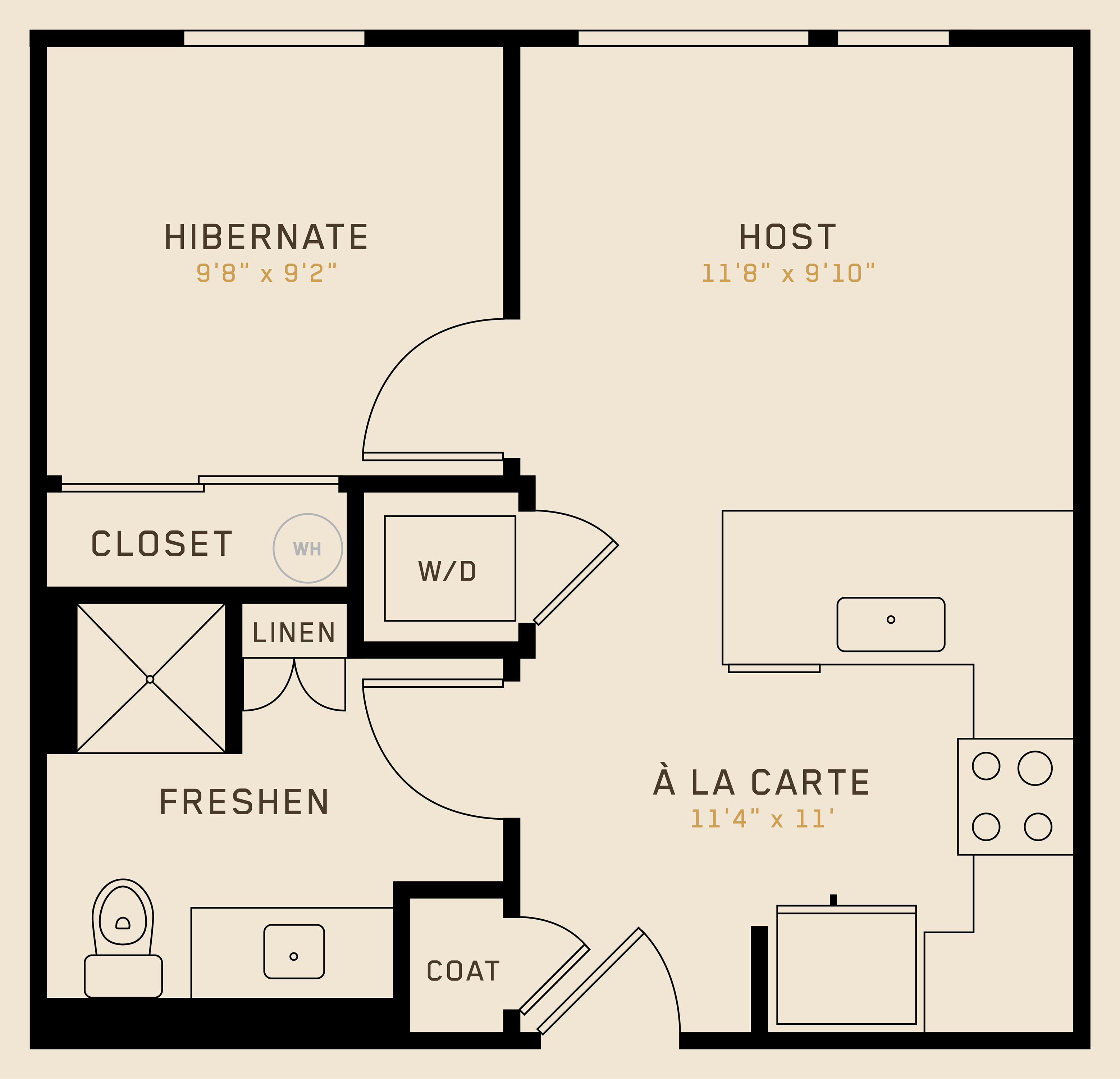 A1A floor plan featuring 1 bedroom, 1 bathroom, and is 475 square feet