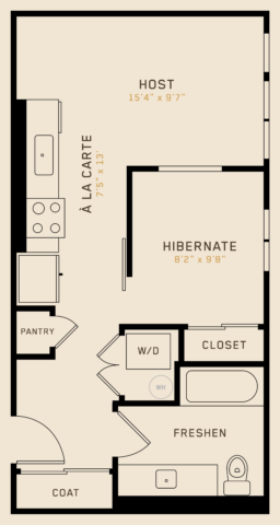 A1C floor plan featuring 1 bedroom, 1 bathroom, and is 496 square fee