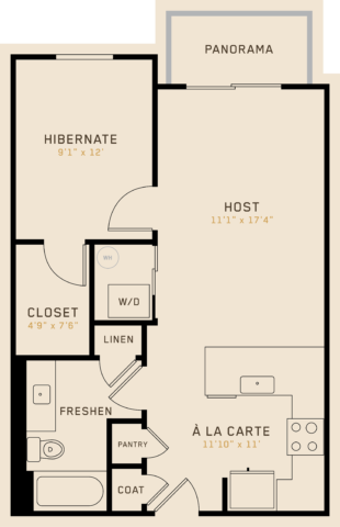 A1E floor plan featuring 1 bedroom, 1 bathroom, and is 652 square feet