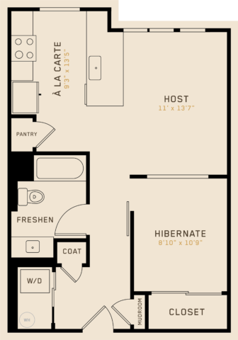 A1G floor plan featuring 1 bedroom, 1 bathroom, and is 652 square feet