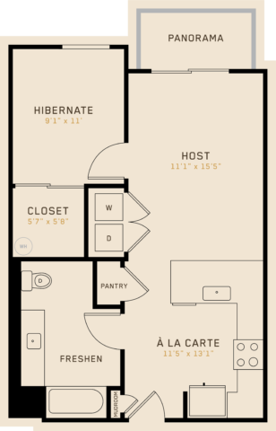 A1I floor plan featuring 1 bedroom, 1 bathroom, and is 652 square feet