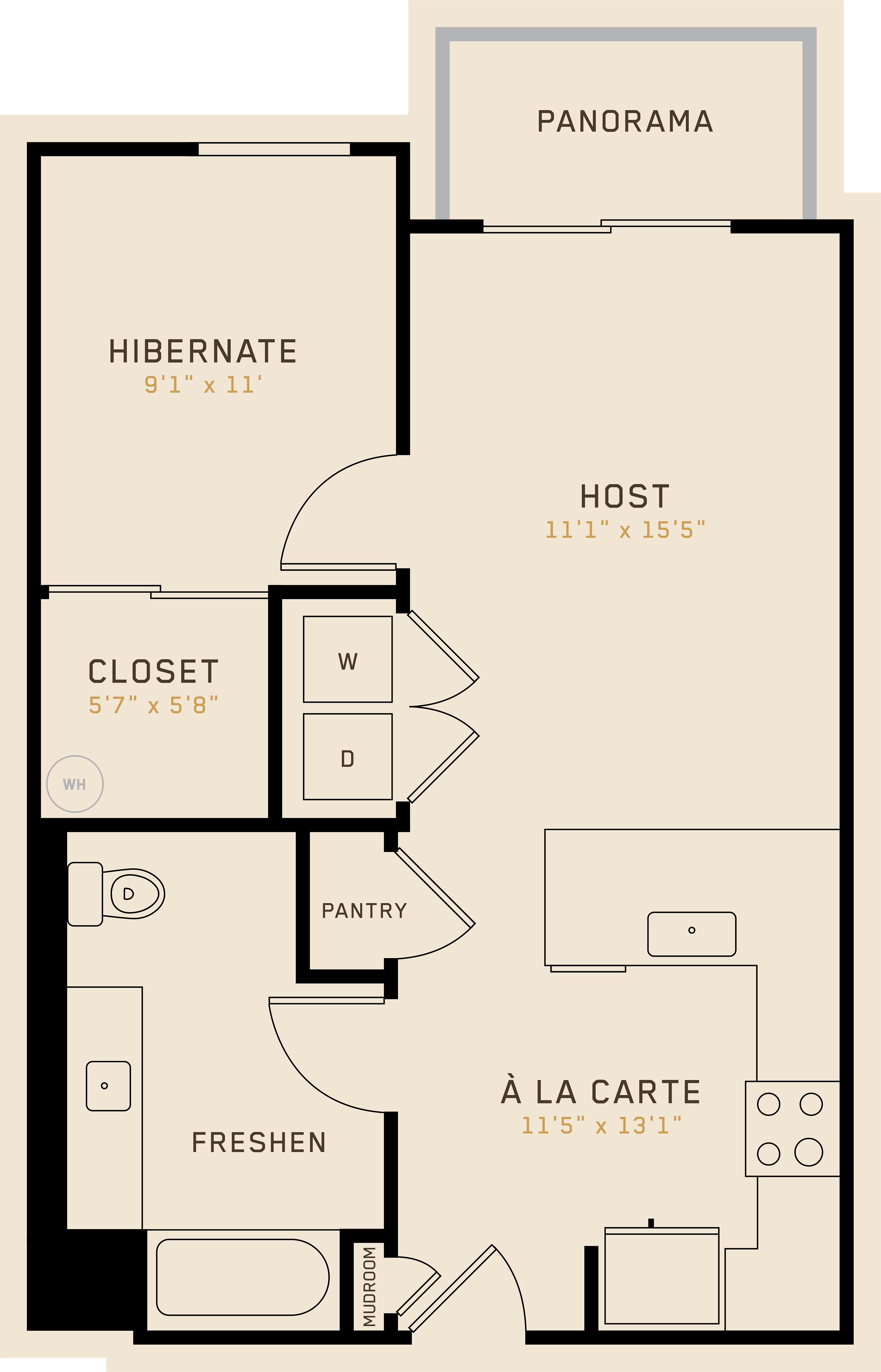 A1I floor plan featuring 1 bedroom, 1 bathroom, and is 652 square feet