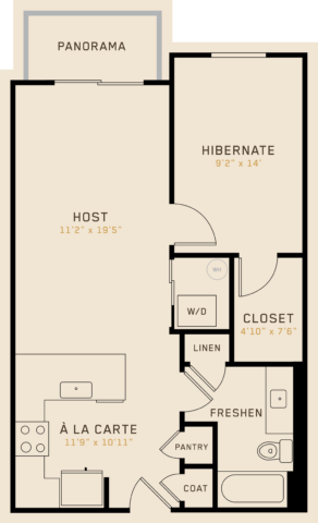 A1J floor plan featuring 1 bedroom, 1 bathroom, and is 695 square feet