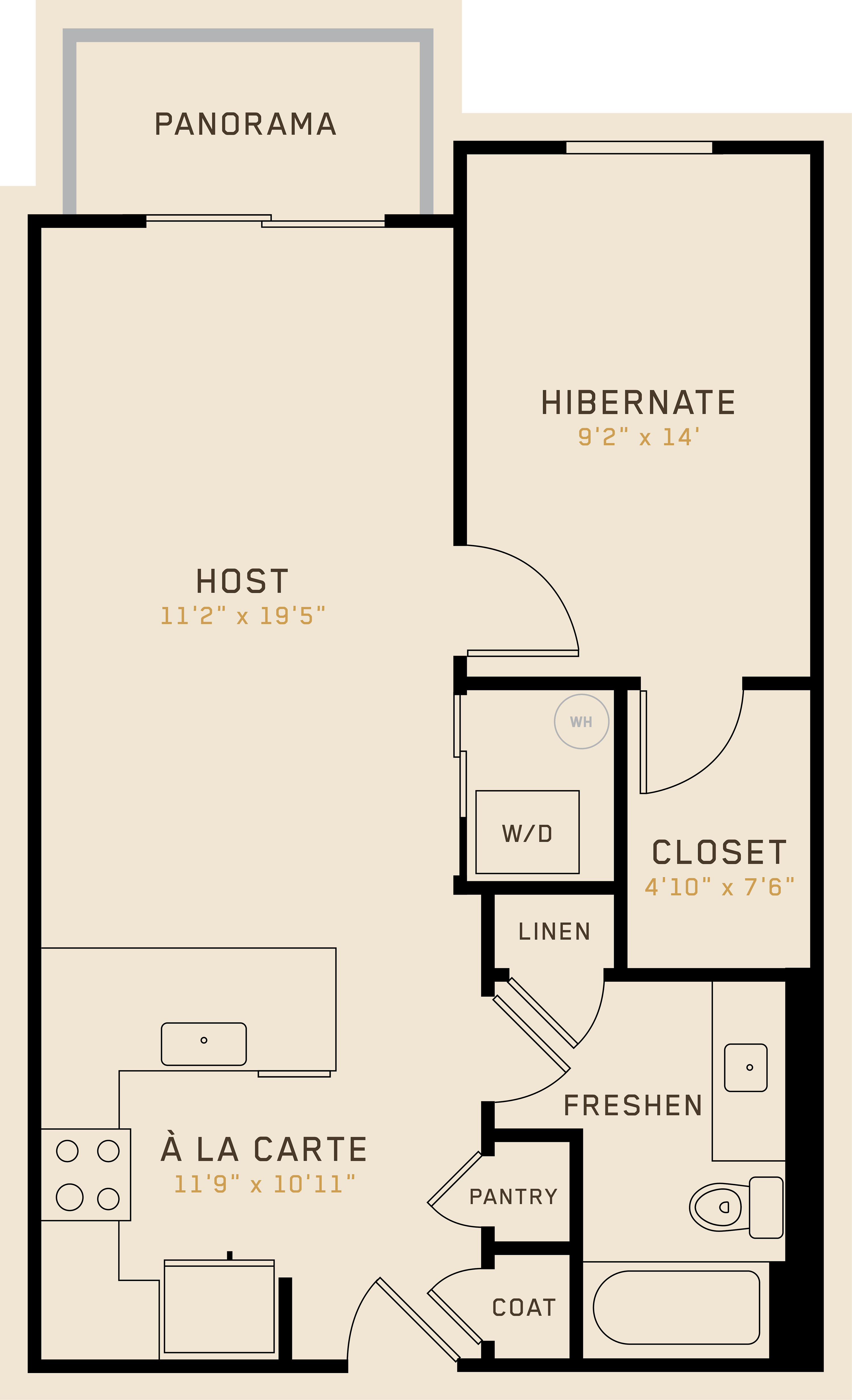A1J floor plan featuring 1 bedroom, 1 bathroom, and is 695 square feet