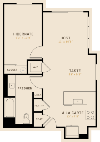 A1K floor plan featuring 1 bedroom, 1 bathroom, and is 704 square feet