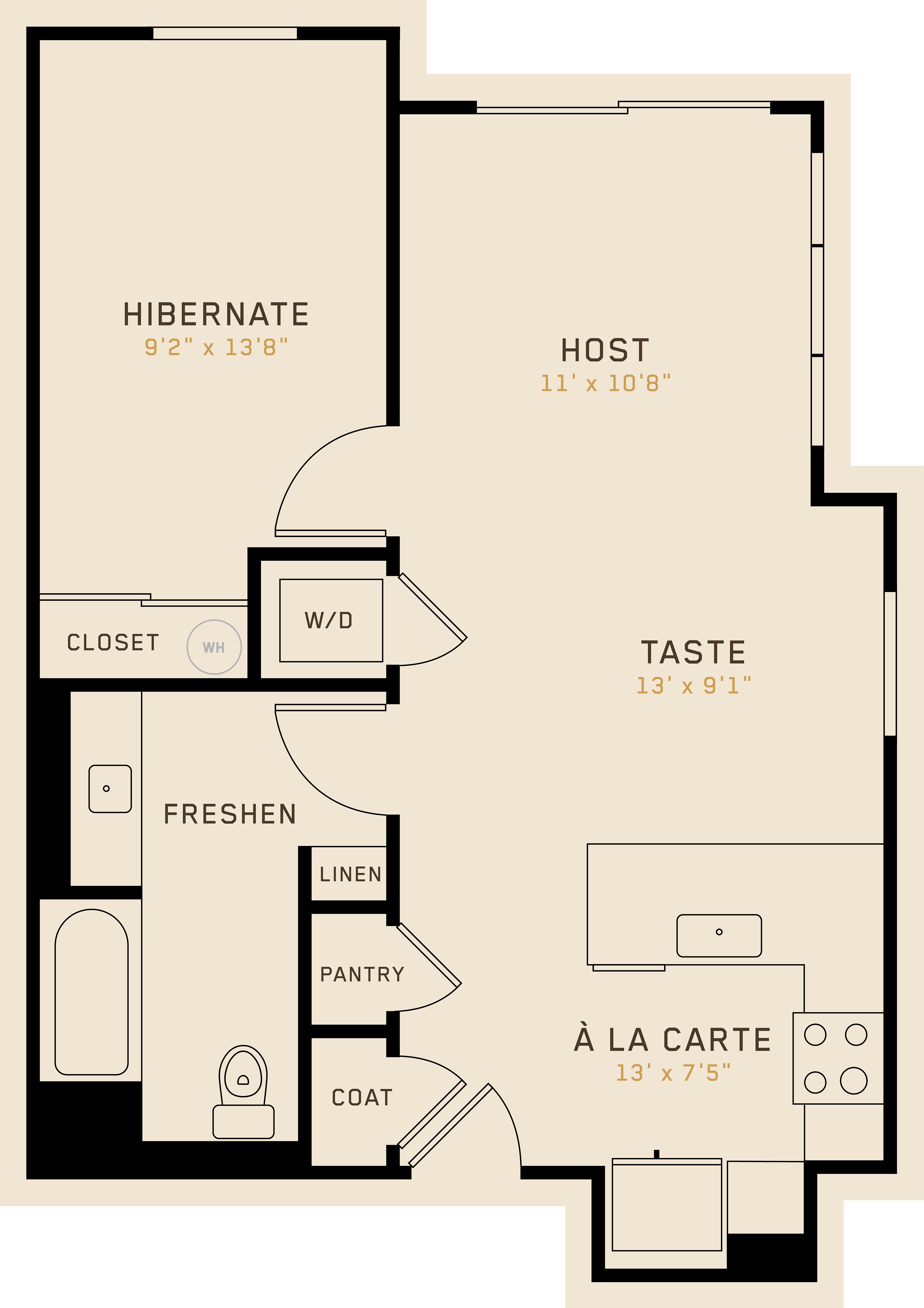 A1K floor plan featuring 1 bedroom, 1 bathroom, and is 704 square feet