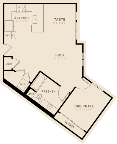 A1L floor plan featuring 1 bedroom, 1 bathroom, and is 829 square feet