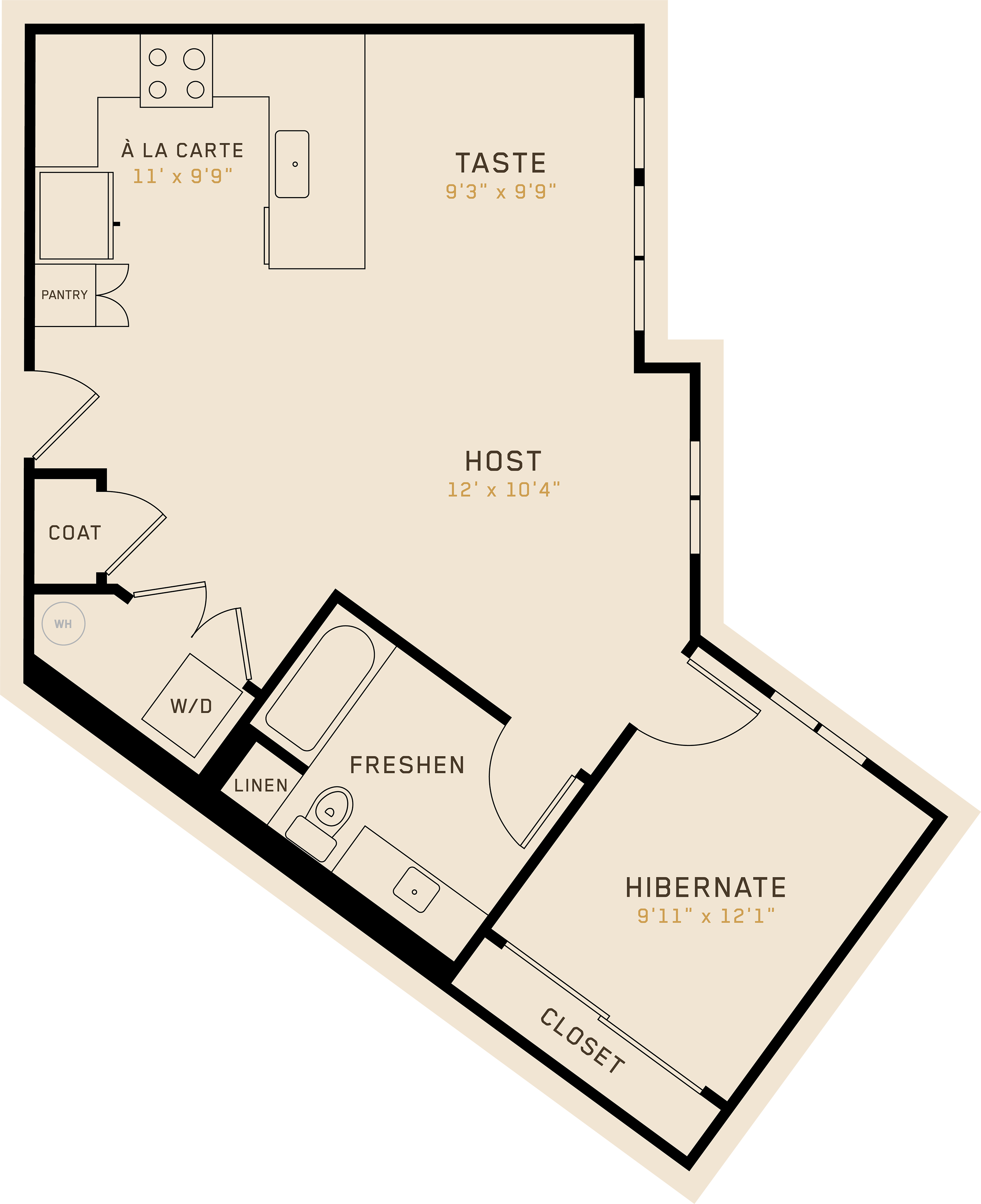A1L floor plan featuring 1 bedroom, 1 bathroom, and is 829 square feet