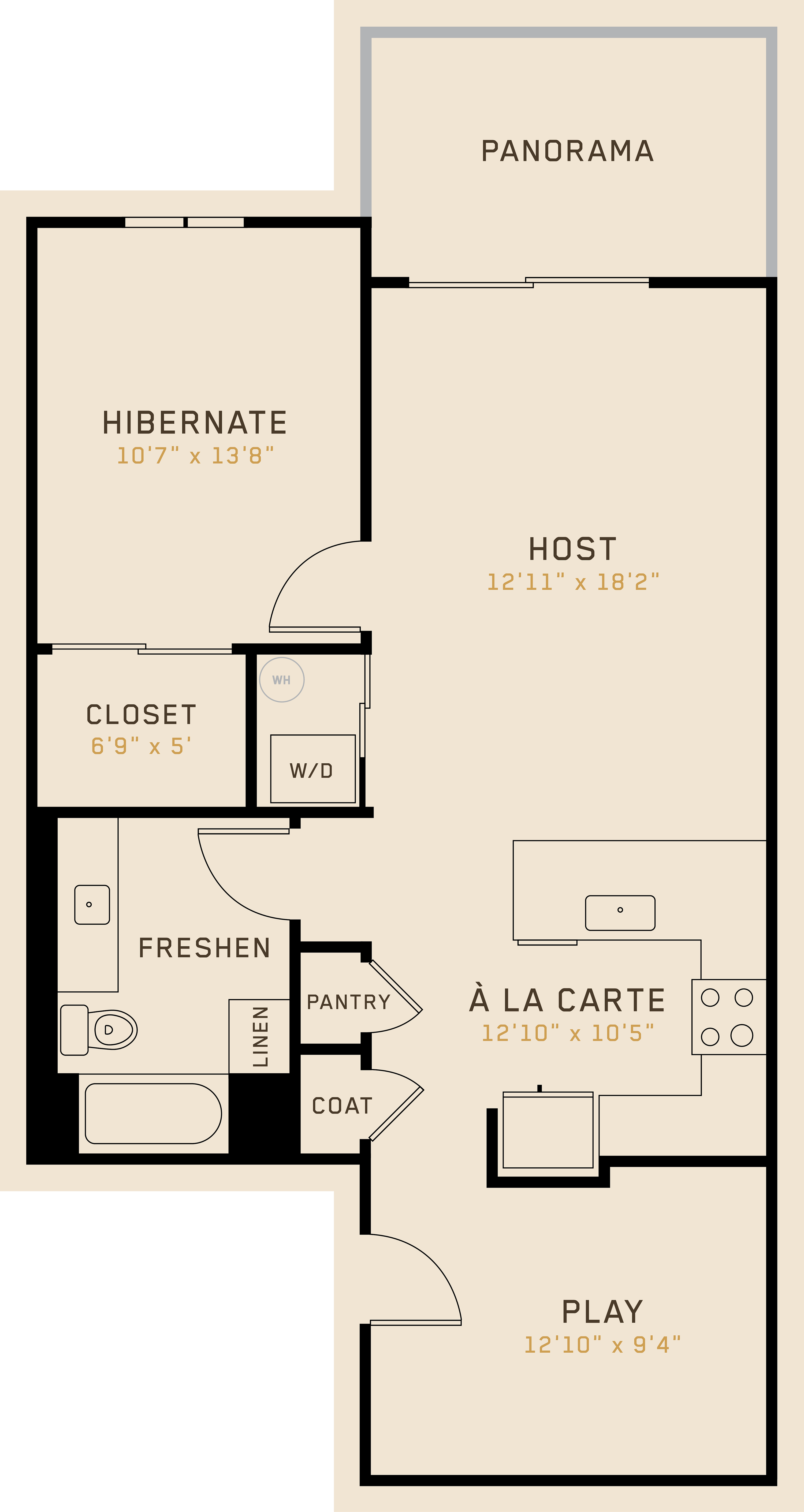A1M floor plan featuring 1 bedroom, 1 bathroom, and is 899 square feet