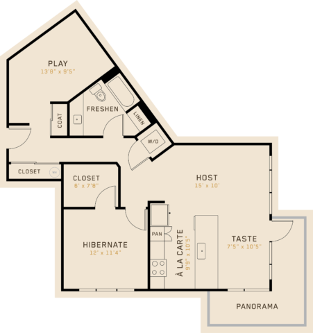 A1N floor plan featuring 1 bedroom, 1 bathroom, and is 974 square feet