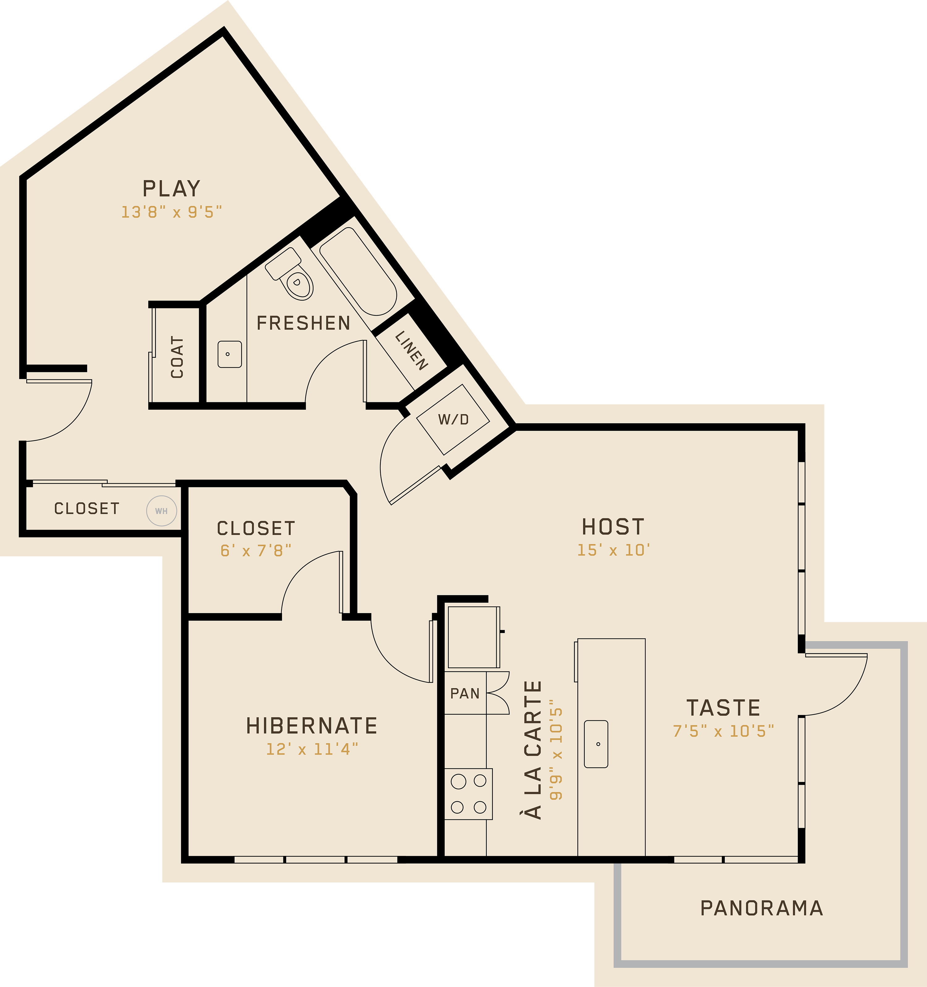 A1N floor plan featuring 1 bedroom, 1 bathroom, and is 974 square feet