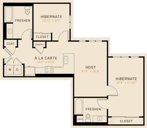 B2A floor plan featuring 2 bedrooms, 2 bathrooms, and is 975 square feet