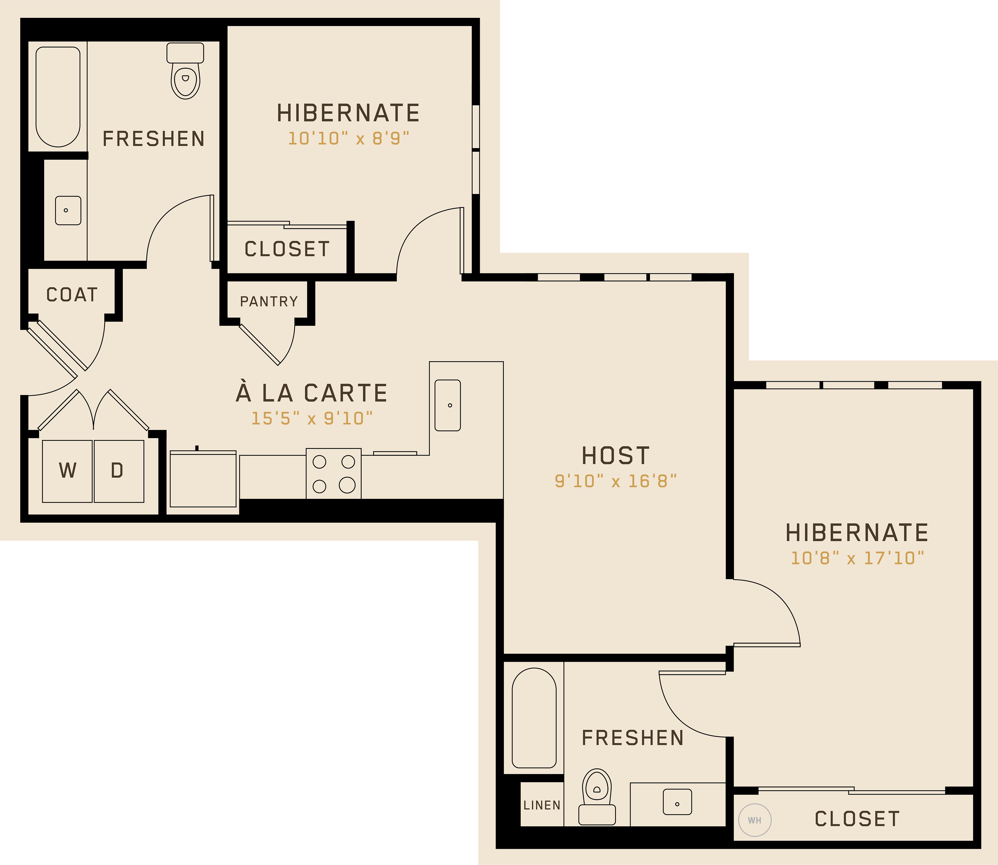 B2A floor plan featuring 2 bedrooms, 2 bathrooms, and is 975 square feet