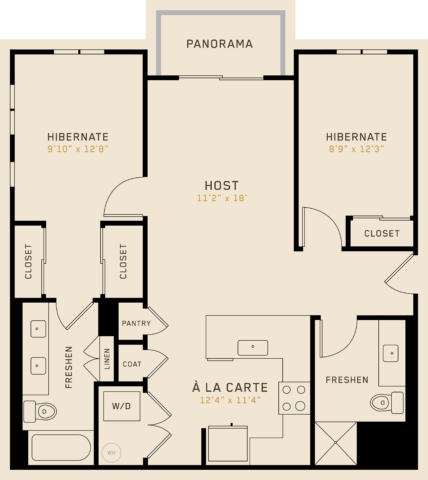 B2F floor plan featuring 2 bedrooms, 2 bathrooms, and is 985 square feet