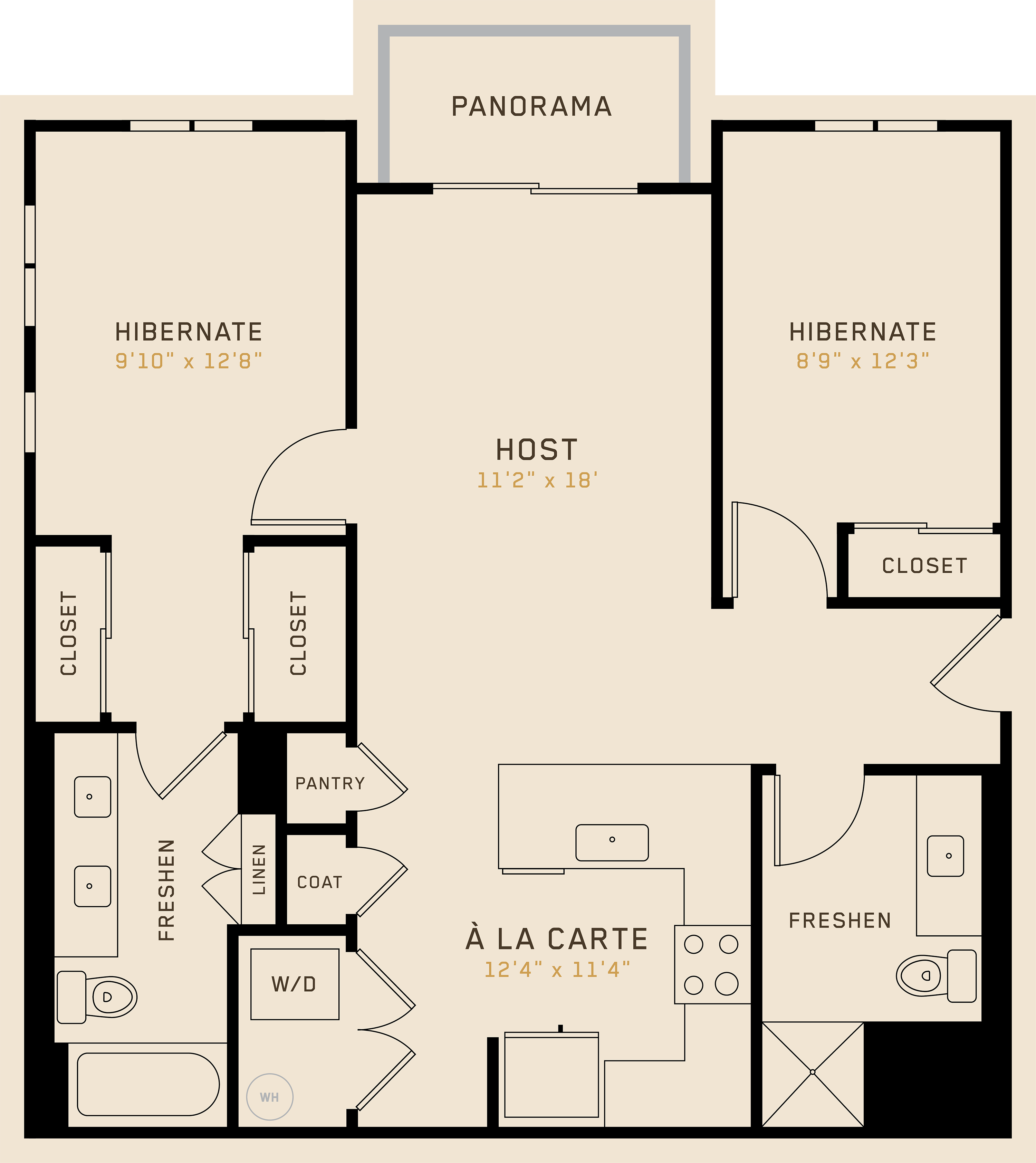 B2F floor plan featuring 2 bedrooms, 2 bathrooms, and is 985 square feet