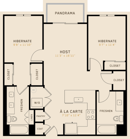 B2G floor plan featuring 2 bedrooms, 2 bathrooms, and is 988 square feet