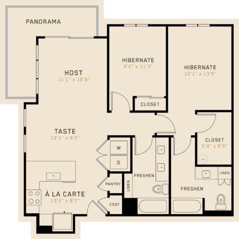 B2I floor plan featuring 2 bedrooms, 2 bathrooms, and is 1,036 square feet