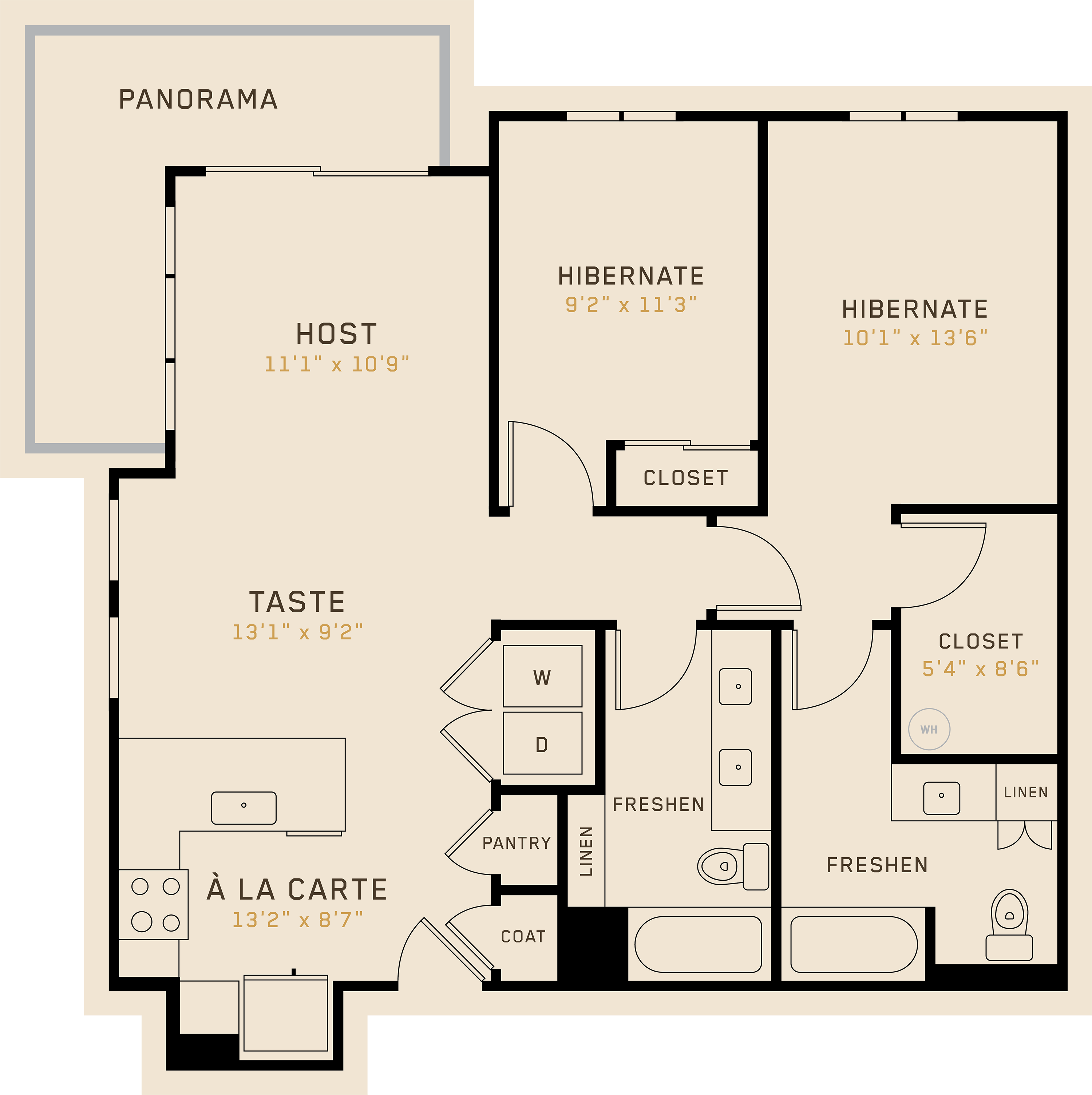 B2I floor plan featuring 2 bedrooms, 2 bathrooms, and is 1,036 square feet