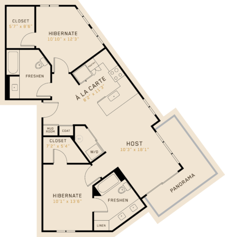 B2J floor plan featuring 2 bedrooms, 2 bathrooms, and is 1,071 square feet