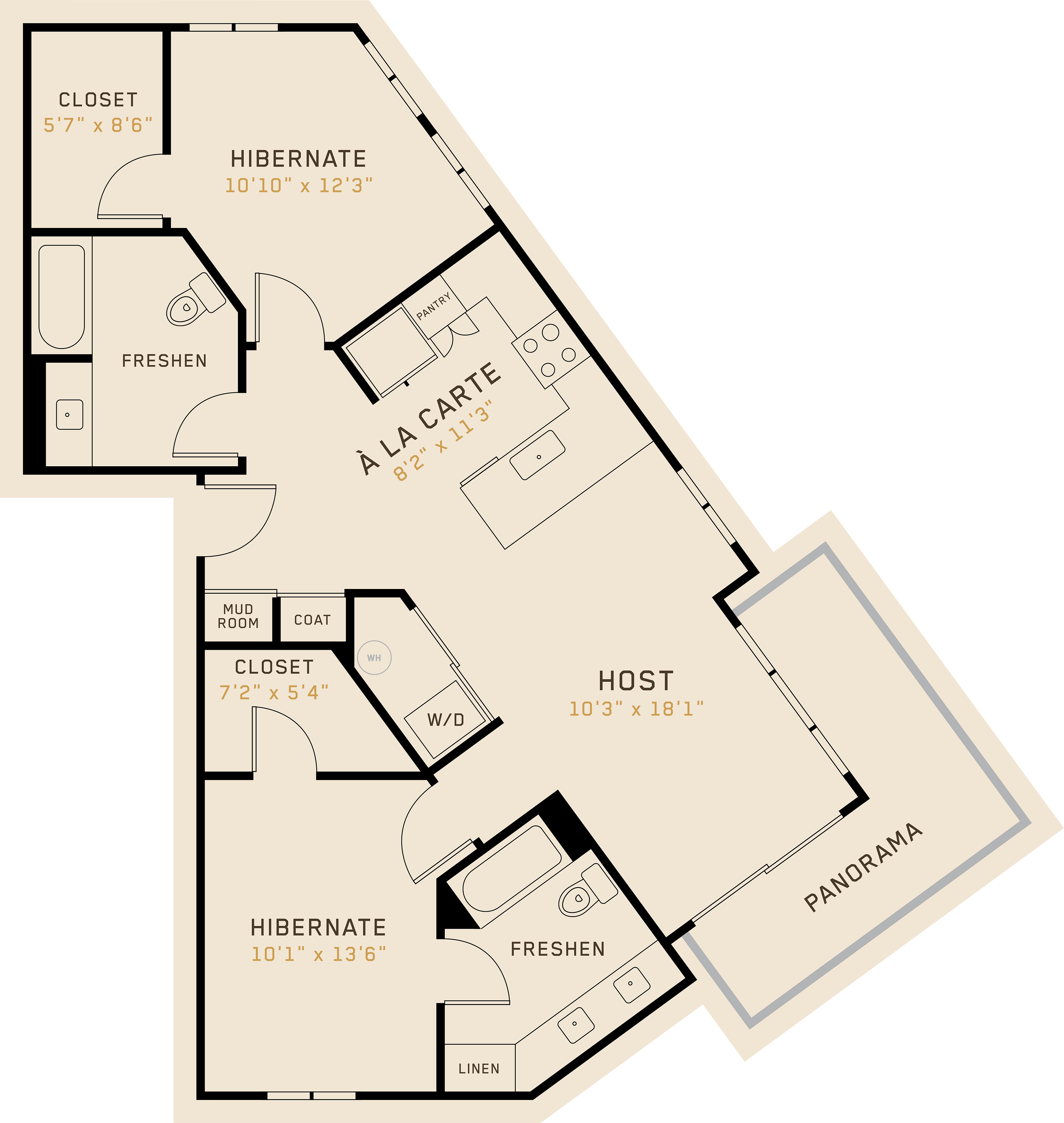 B2J floor plan featuring 2 bedrooms, 2 bathrooms, and is 1,071 square feet