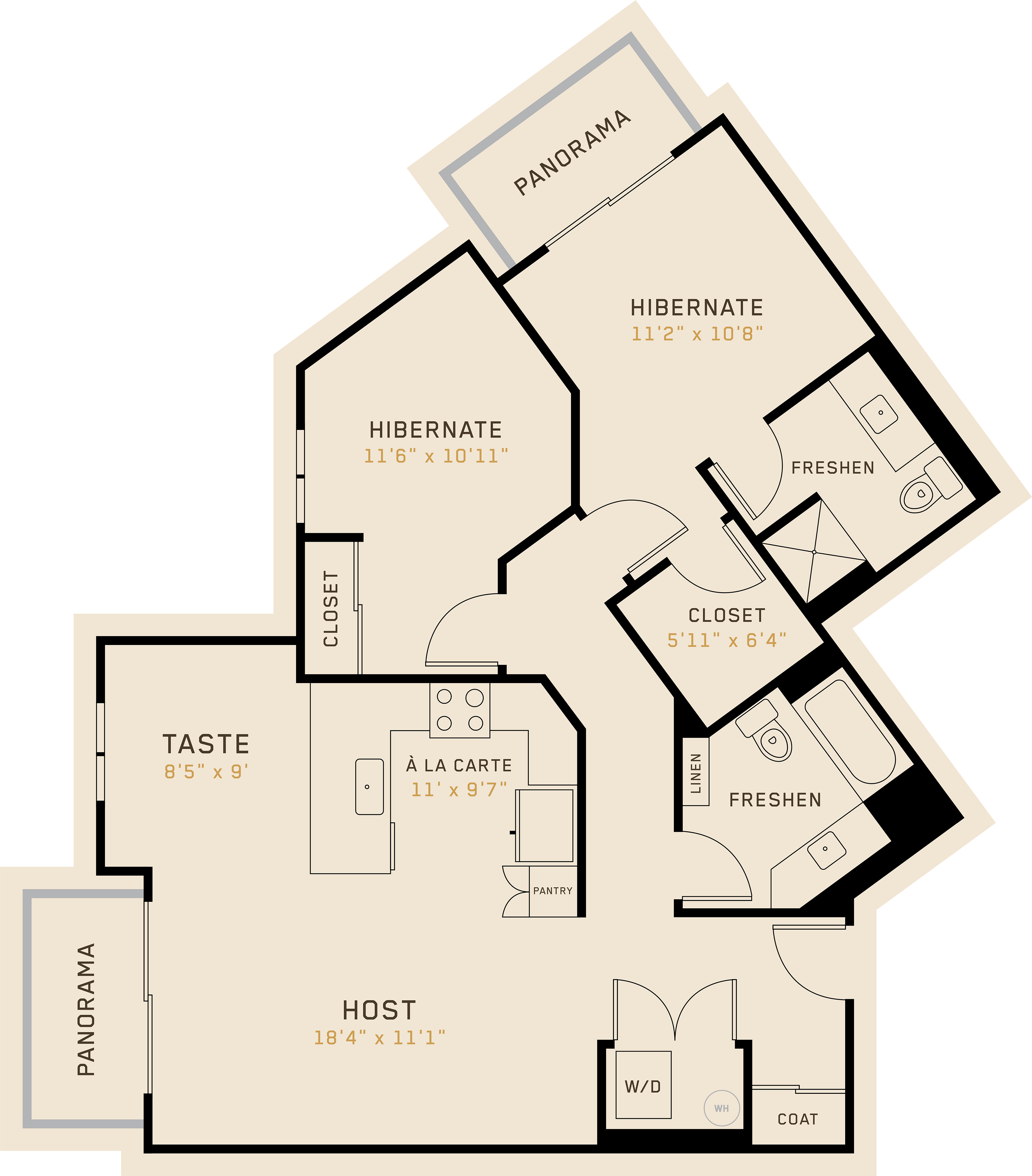 B2K floor plan featuring 2 bedrooms, 2 bathrooms, and is 1,082 square feet