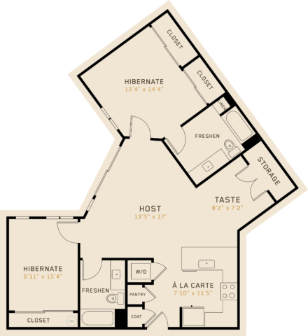 B2M floor plan featuring 2 bedrooms, 2 bathrooms, and is 1,267 square feet