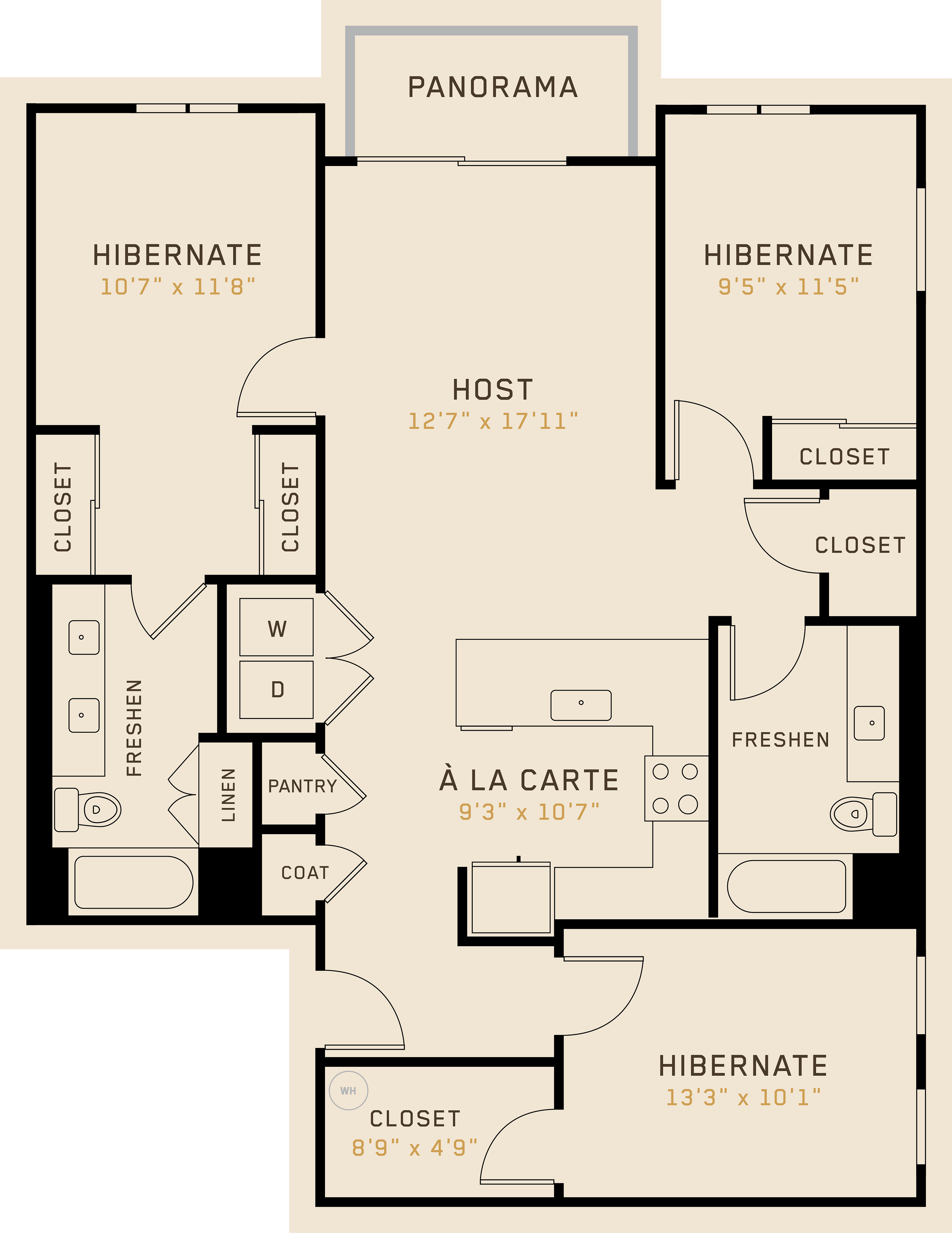 C2A floor plan featuring 3 bedrooms, 2 bathrooms, and is 1,299 square feet
